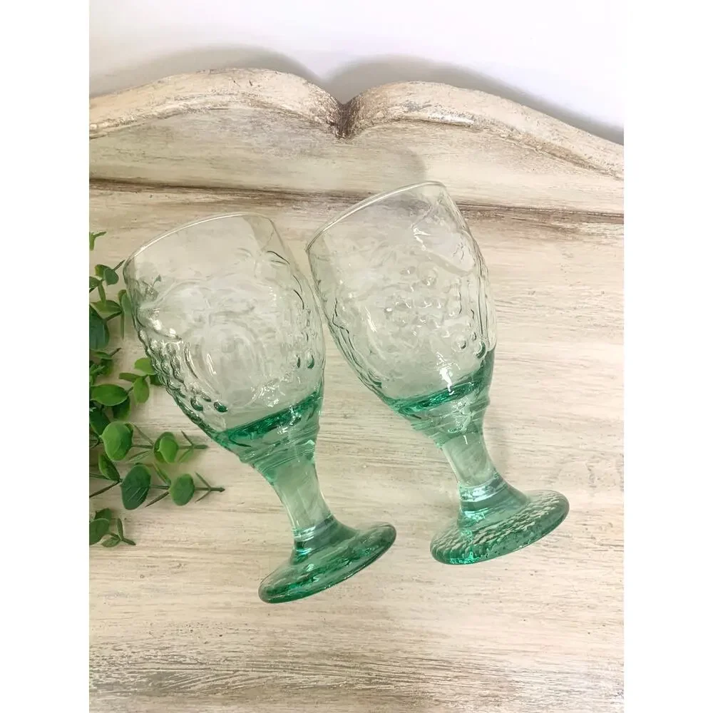 Vintage Libbey Orchard Fruit Green Glass Water Goblets Set of 2 Cottagecore